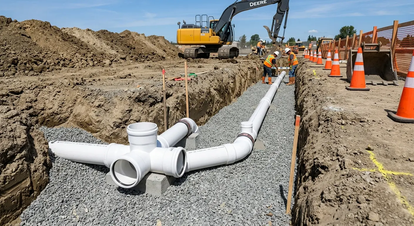 New PVC sewer pipe installation in open trench for Sewer Backup in Del Aire