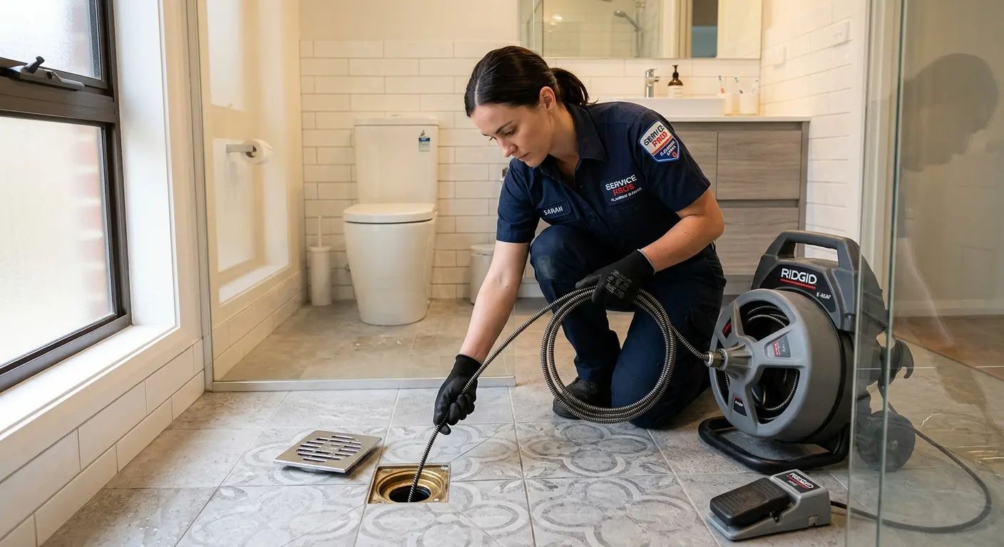 Technician clearing a bathroom floor drain for Drain Cleaning in Del Aire